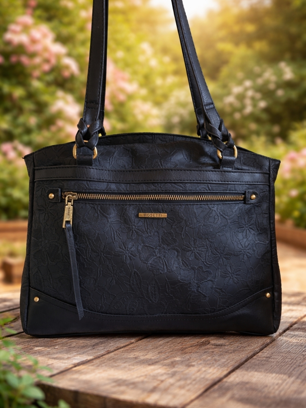 Rosetti Black Floral-Embossed Shoulder Tote with Gold Accents